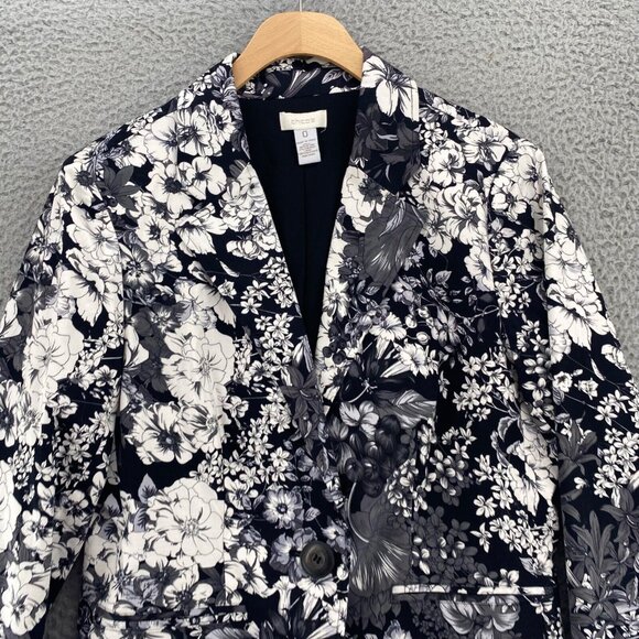 Chicos Blazer Womens 0 US Small Black Monochrome Floral Stretch Office Career - Picture 2 of 9